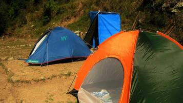 Three tents with different colors and designs, set up on a dirt ground with sparse vegetation in the background.