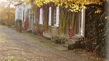 A building with a stone facade, white window frames, and a covered porch with yellow leaves.