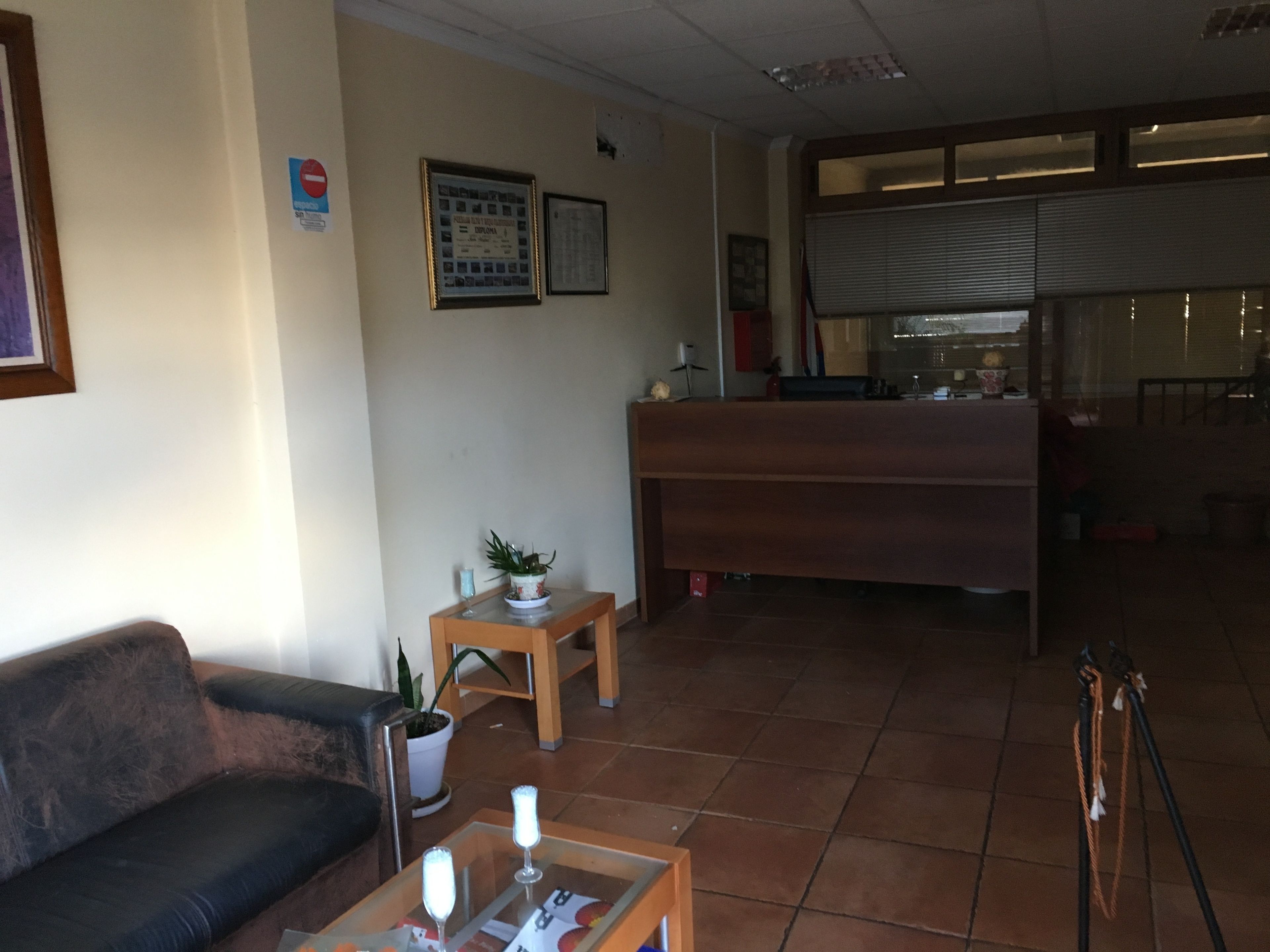 Een ontvangsthal met een bank, een bijzettafeltje met een plant en een receptiebalie.