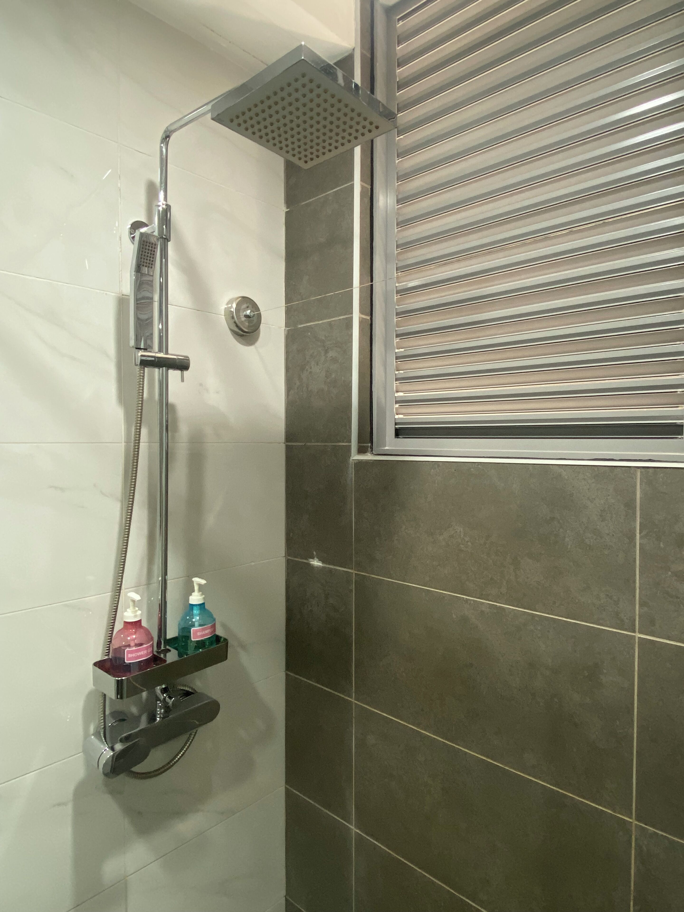 Chuveiro com chuveiro manual e controle fixado na parede. Há dois frascos de shampoo e condicionador em uma prateleira abaixo do chuveiro.