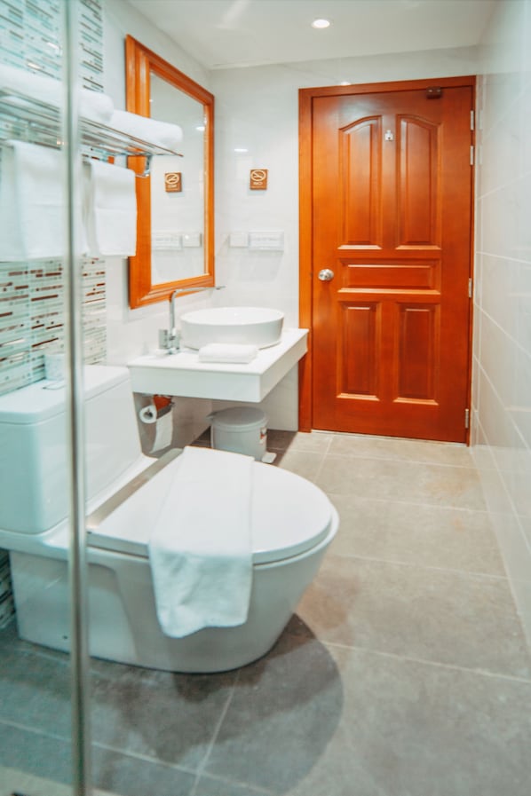 A bathroom with a toilet, sink, and mirror.