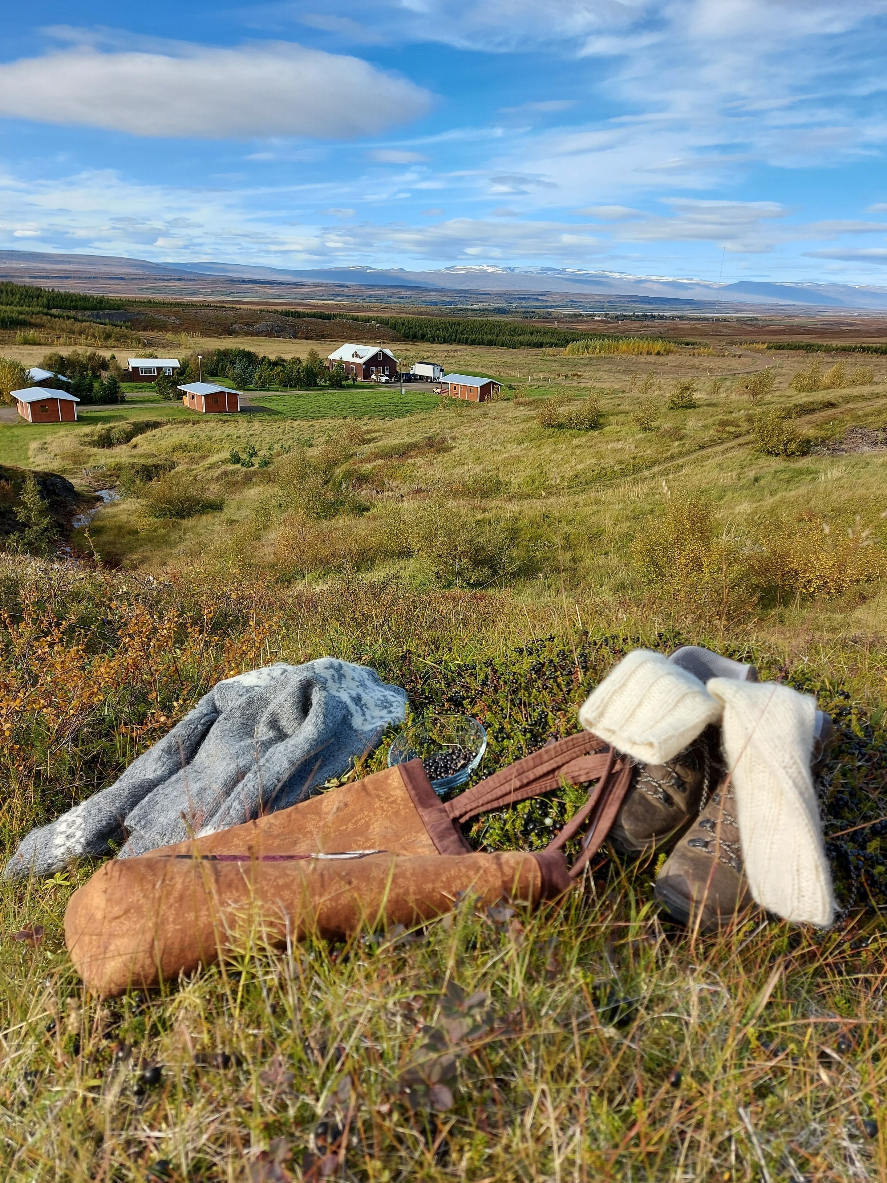 A rural landscape with a grassy field, a few scattered buildings, and a distant mountain range.