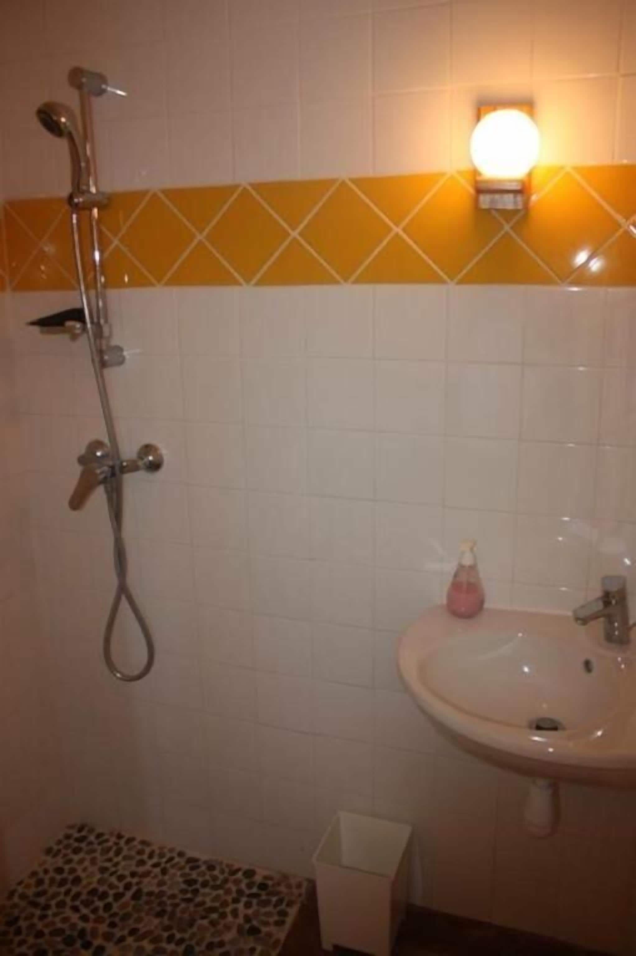 A bathroom with a shower, a sink, and a small trash bin.