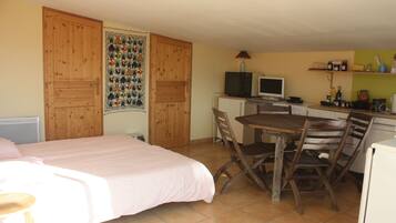 1 bedroom, premium bedding, iron/ironing board, bed sheets