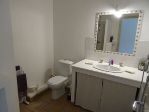 Un baño con inodoro, lavabo y espejo.
