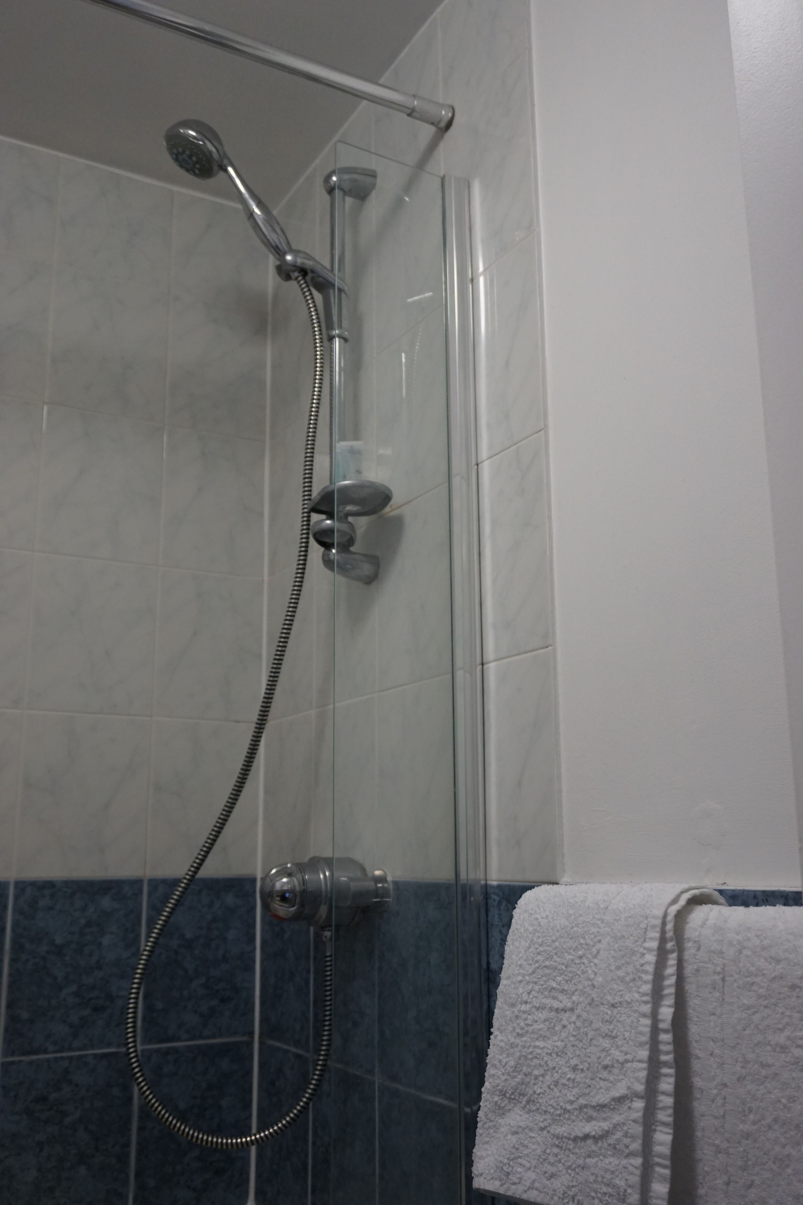 A glass-enclosed shower with a handheld showerhead and a flexible hose.