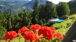 A pool area with a wooden fence, surrounded by lush greenery and mountains in the background. - Bad St.Isidor (Bolzano)