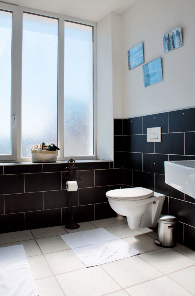 Une salle de bain comprenant des toilettes, un lavabo, une poubelle et une fenêtre avec un pot de fleurs sur le rebord.