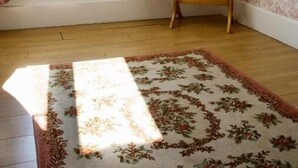 A room with a large window, floral curtains, a wooden floor, and a mirror on the wall. - Valfrescos (Caurel)