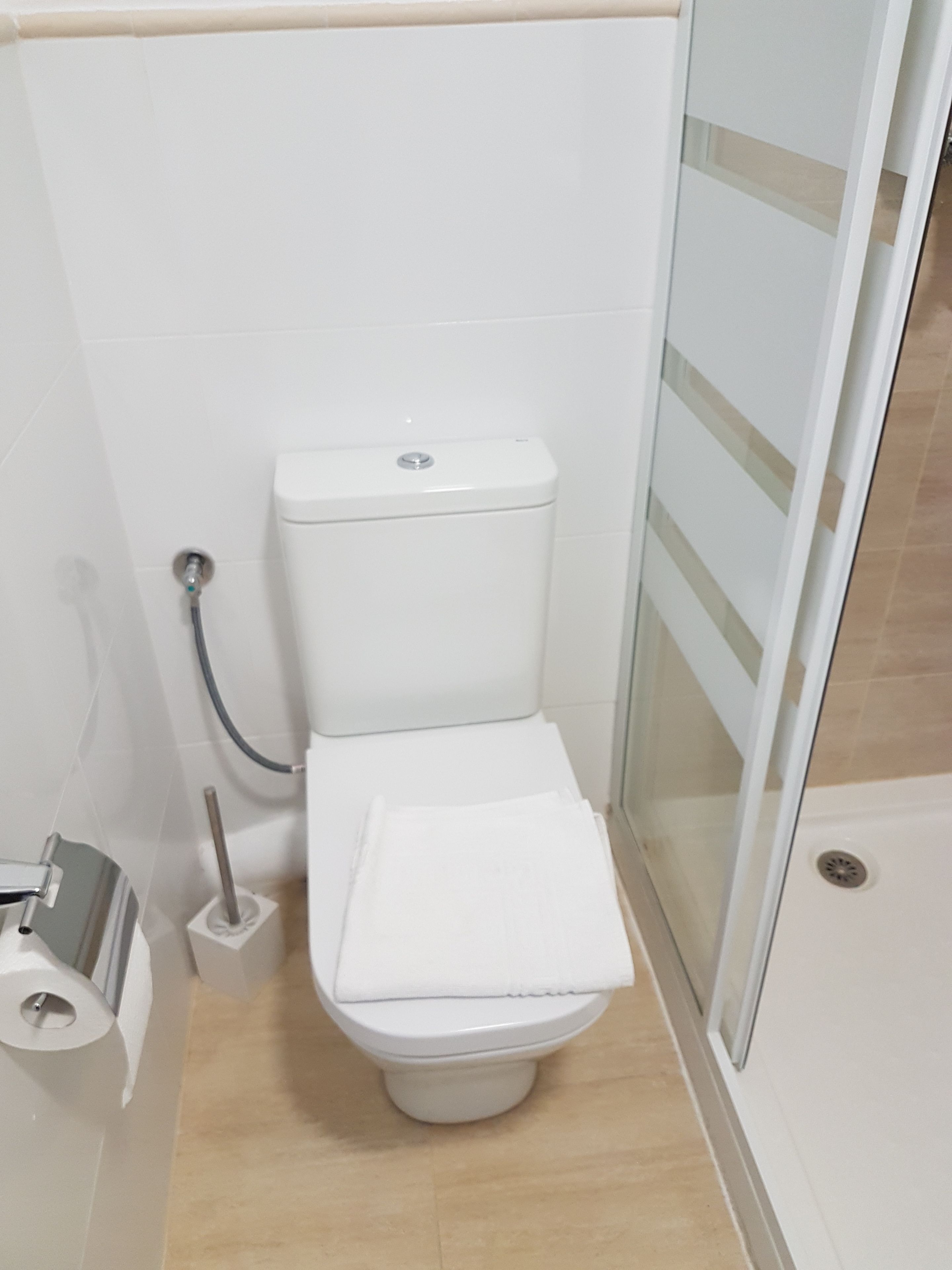 A small, modern bathroom with a toilet, a shower, and a toilet paper holder.