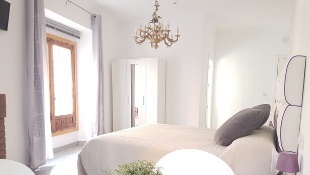 Un dormitorio moderno con una cama grande, una araña, una planta en maceta y vistas al exterior.