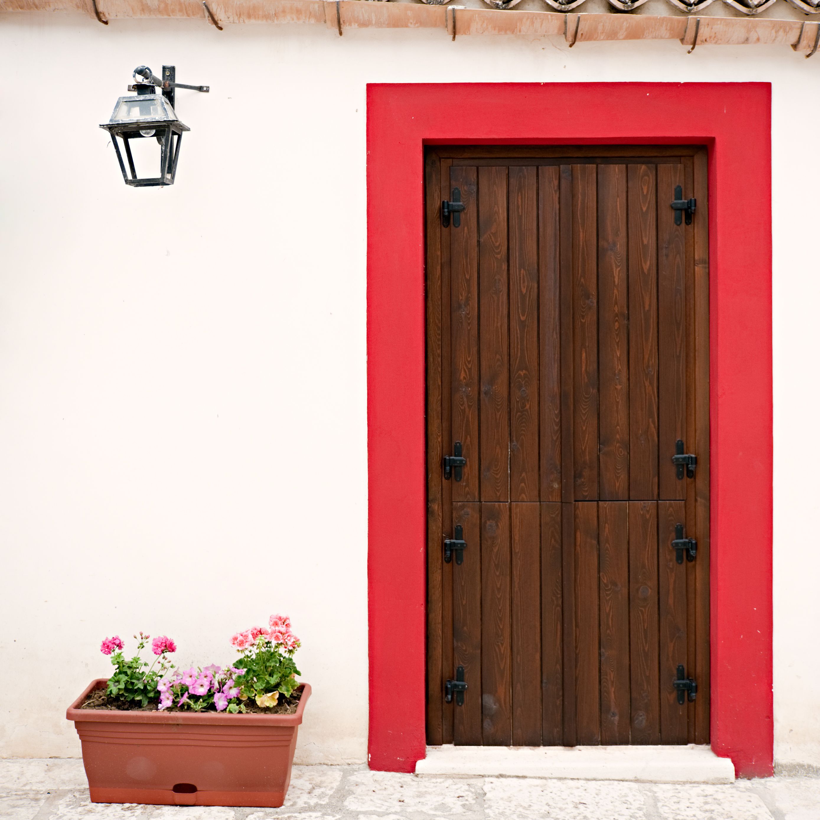 A red-framed wooden door with a potted plant beside it.