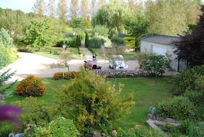 Um jardim residencial com entrada para carros, garagem e diversas plantas e flores.