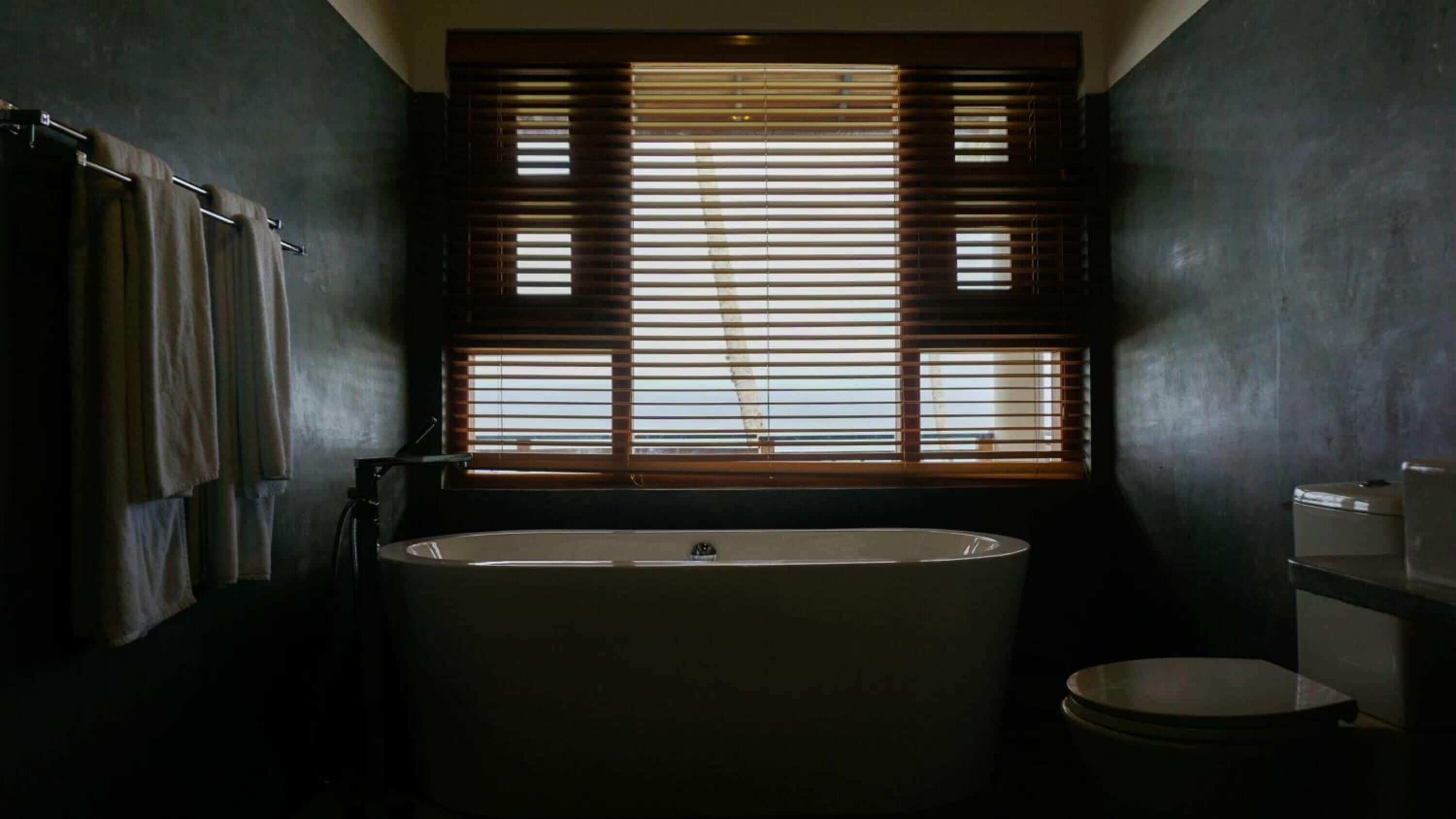 A bathroom with a freestanding bathtub, a toilet, and a window with blinds.