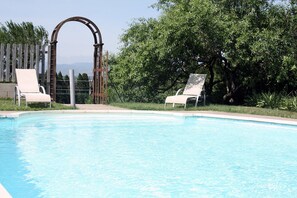 Seasonal outdoor pool, pool umbrellas, pool loungers