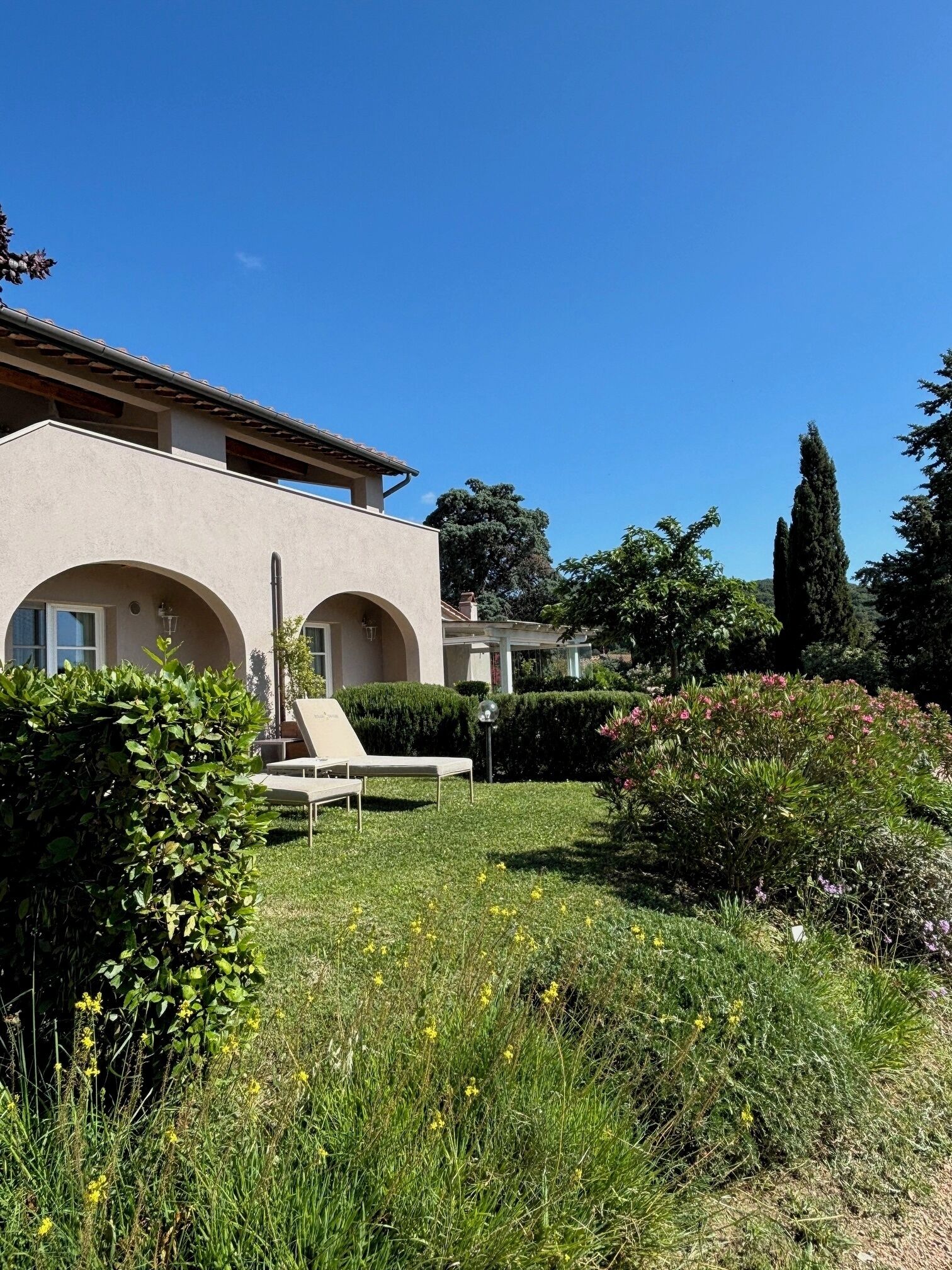 Uma casa moderna com um amplo jardim, piscina e pérgula.