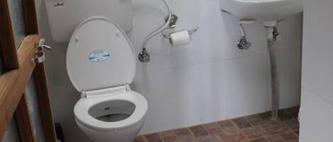 A bathroom with a toilet, a sink, and a shower.