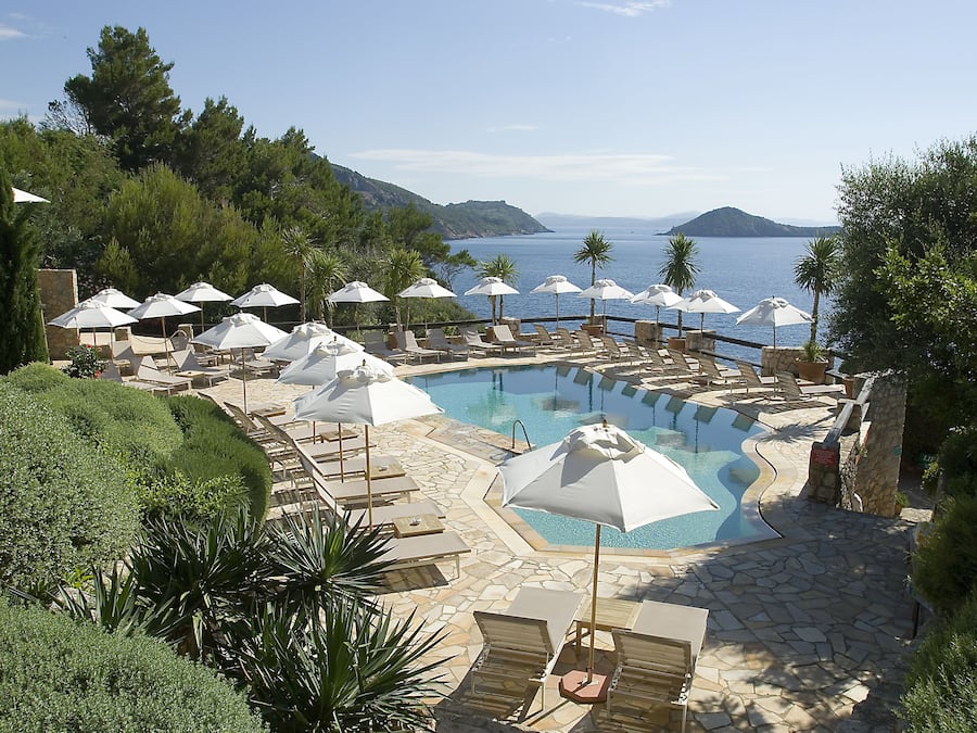 Seasonal outdoor pool, pool umbrellas, pool loungers