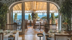 Un área de comedor al aire libre con mobiliario de mimbre, vistas al mar y plantas en macetas.