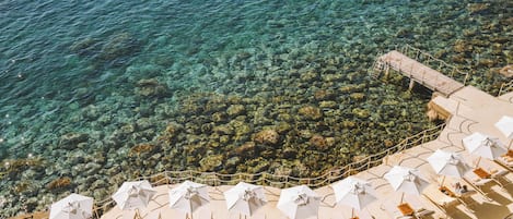 Private beach, white sand, sun-loungers, beach umbrellas