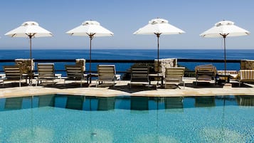 Seasonal outdoor pool, pool umbrellas, pool loungers