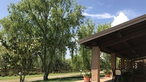 Un espacio cubierto con pilares de ladrillo, mobiliario exterior y plantas en macetas.