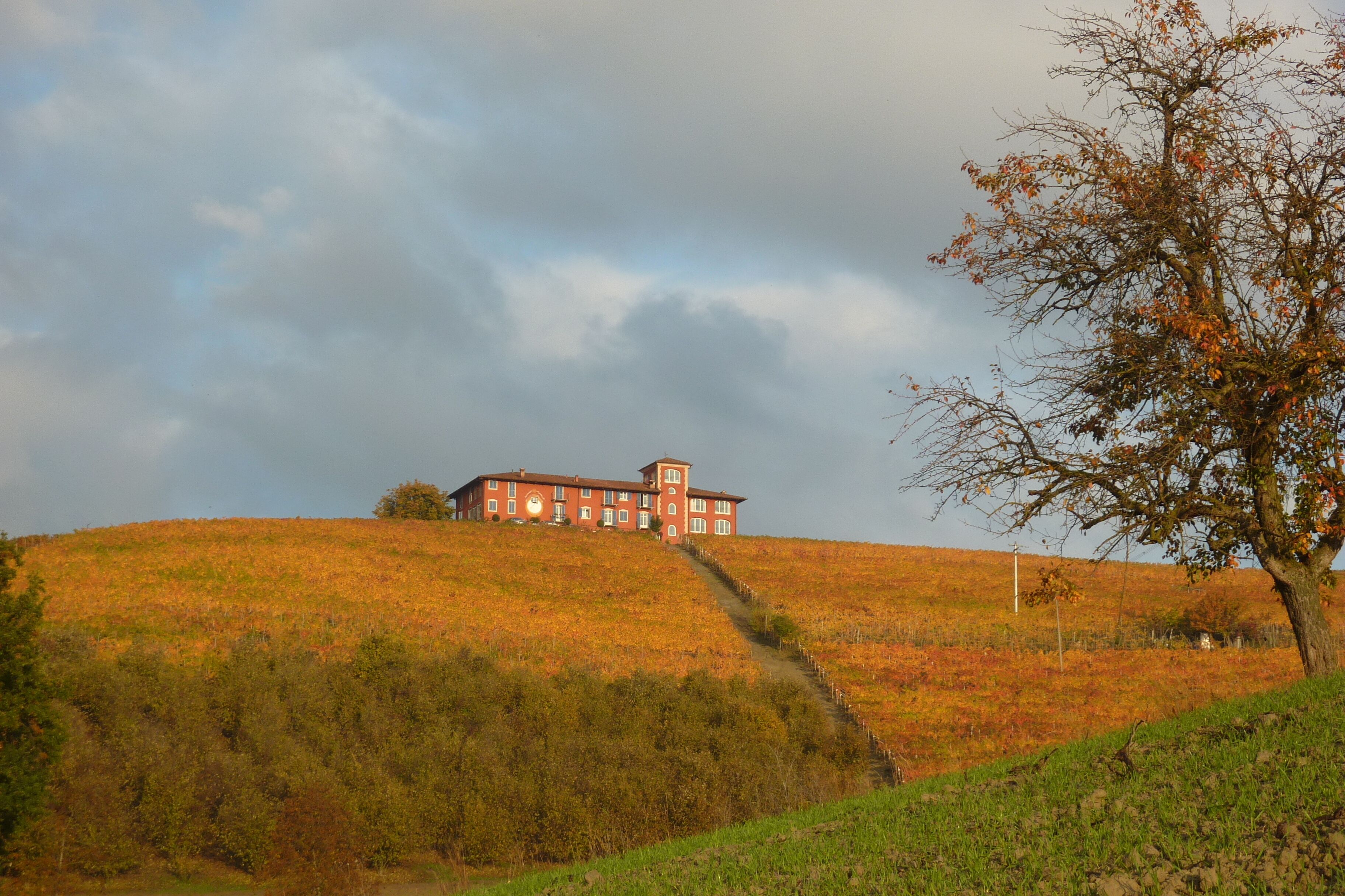 A large, red brick building on a hill with a clear sky.
