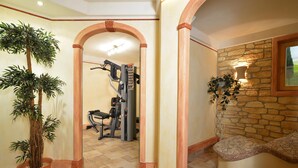 A gym area with exercise equipment, a potted plant, and a stone wall with a window.