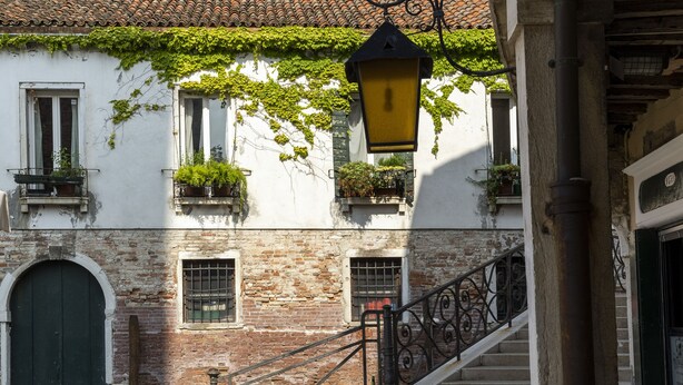 A historic building with a staircase, a lantern, and ivy-covered walls.