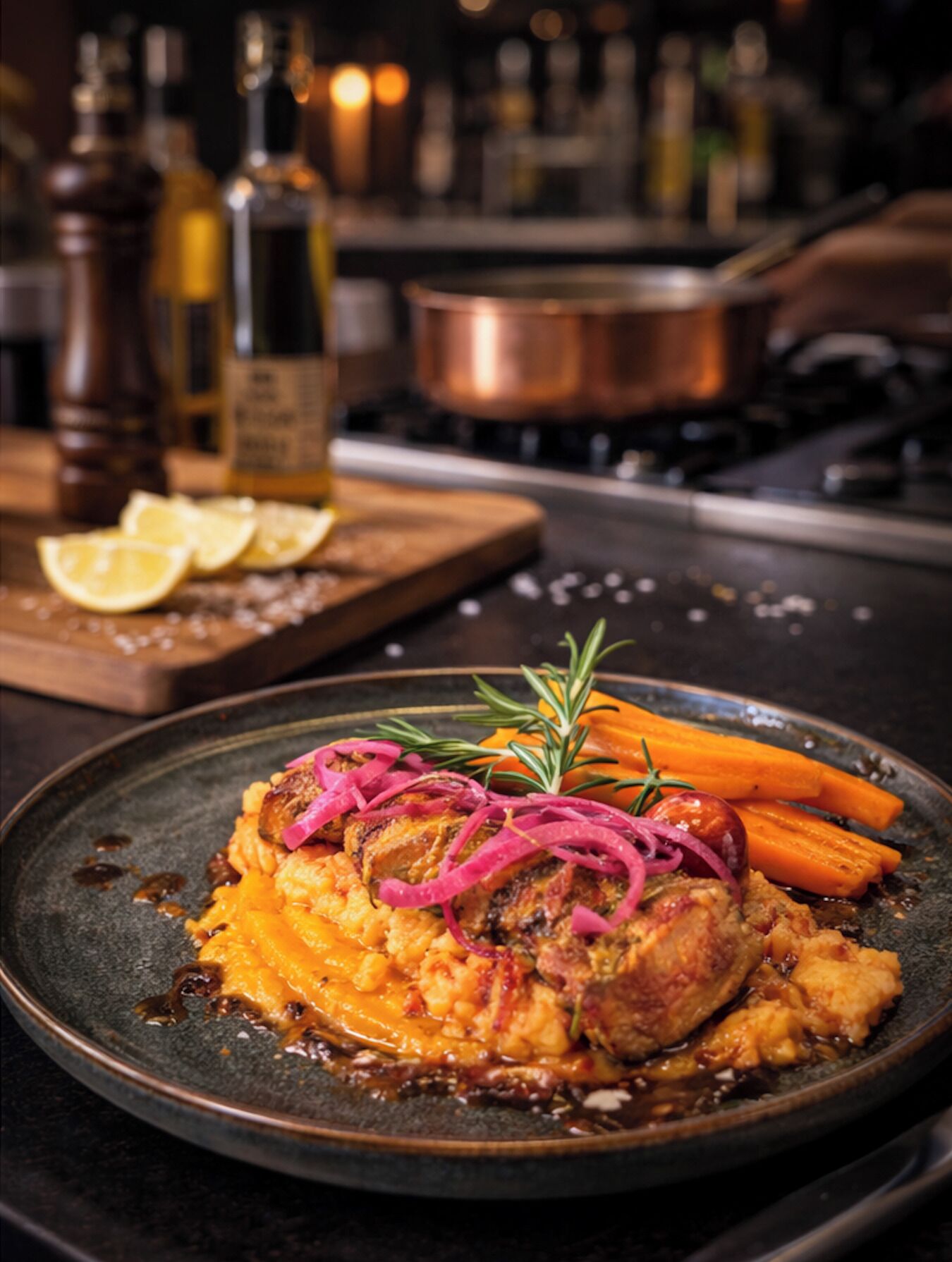 A plate of food with a roasted chicken breast, carrots, and a garnish of red onions and rosemary.