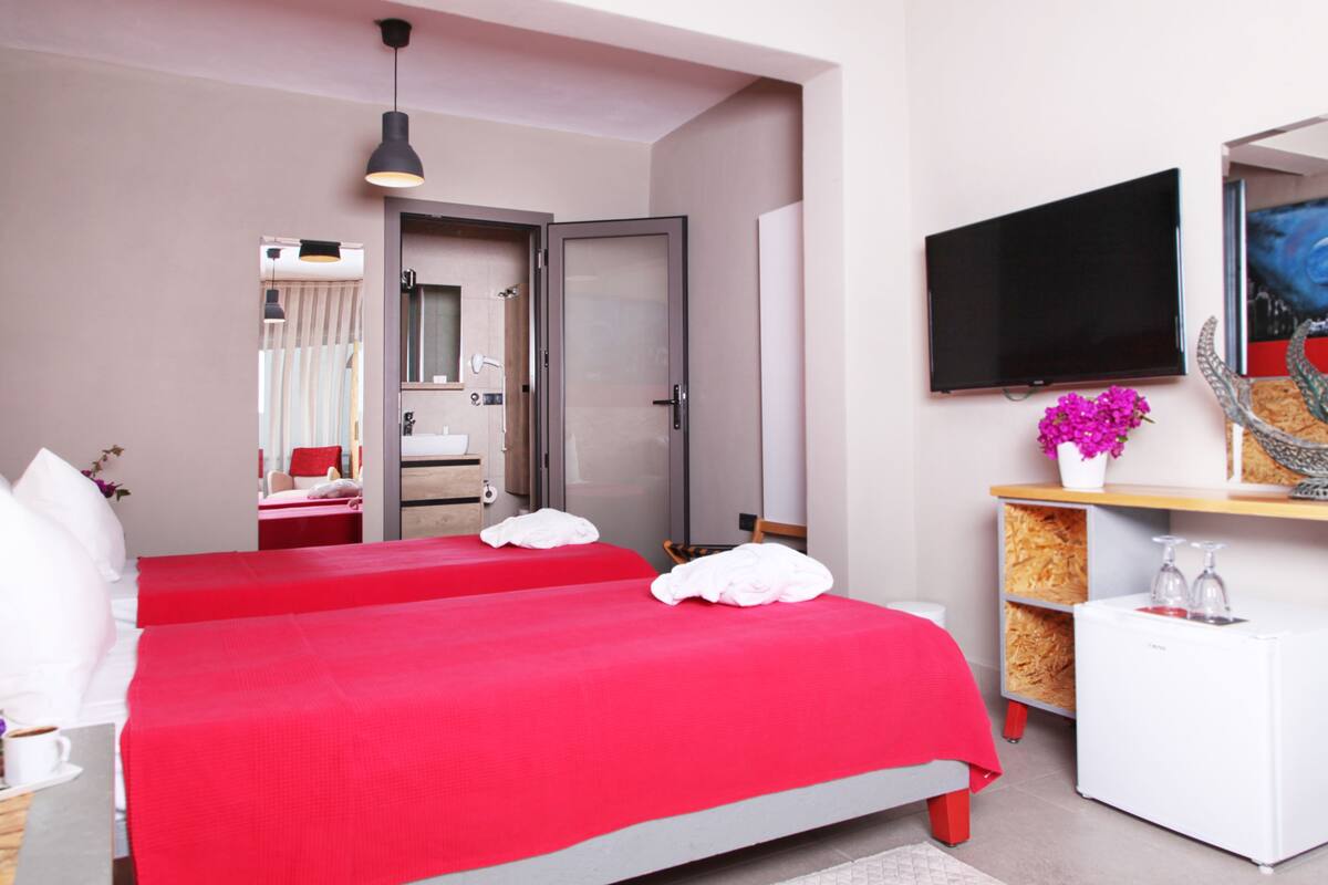 Ein Hotelzimmer mit zwei Betten, einem Fernseher, einer kleinen Kühlschrank und einem Schreibtisch mit einem Computer.