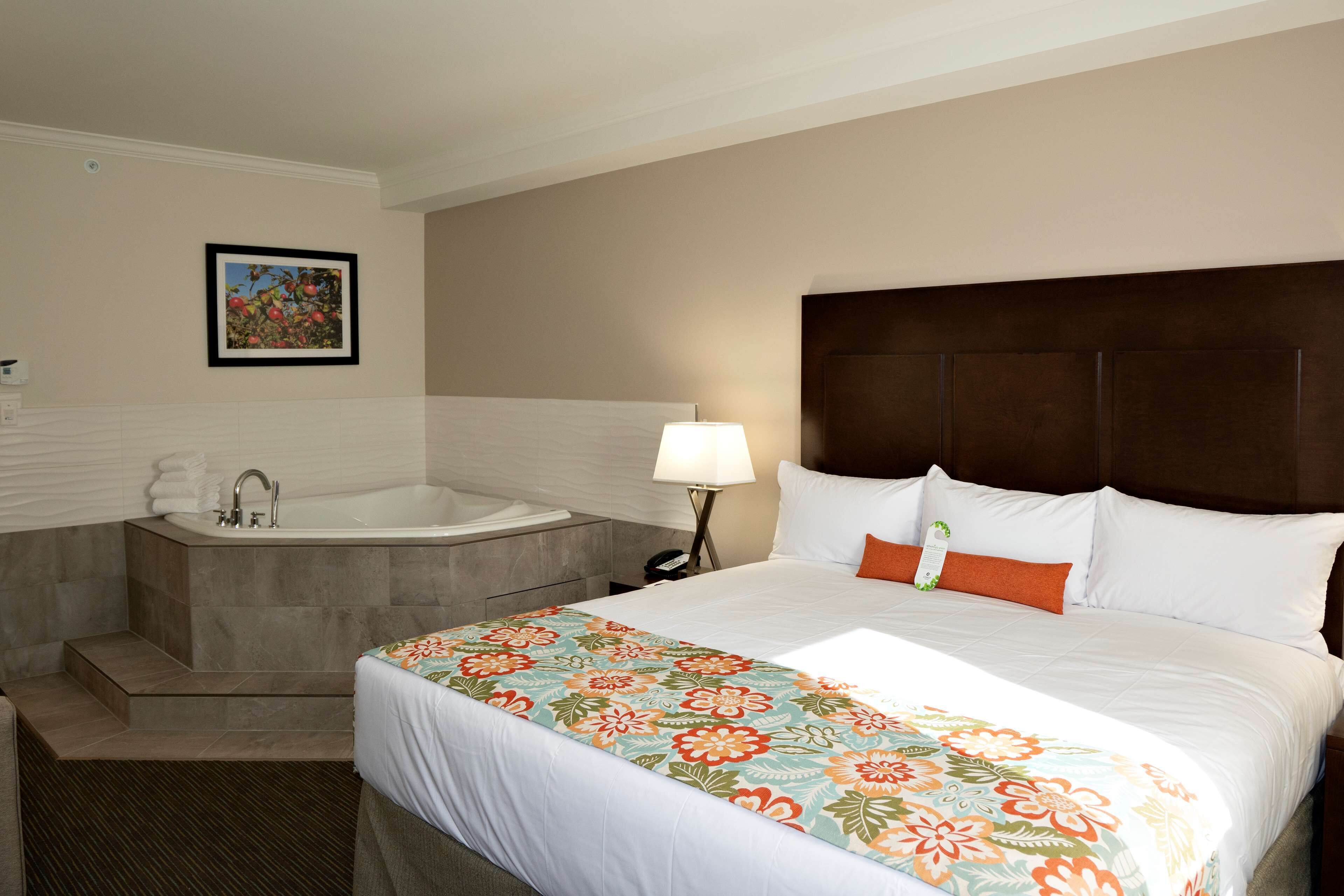 Habitación de hotel con una cama grande, una bañera separada y una mesita de noche pequeña con una lámpara.