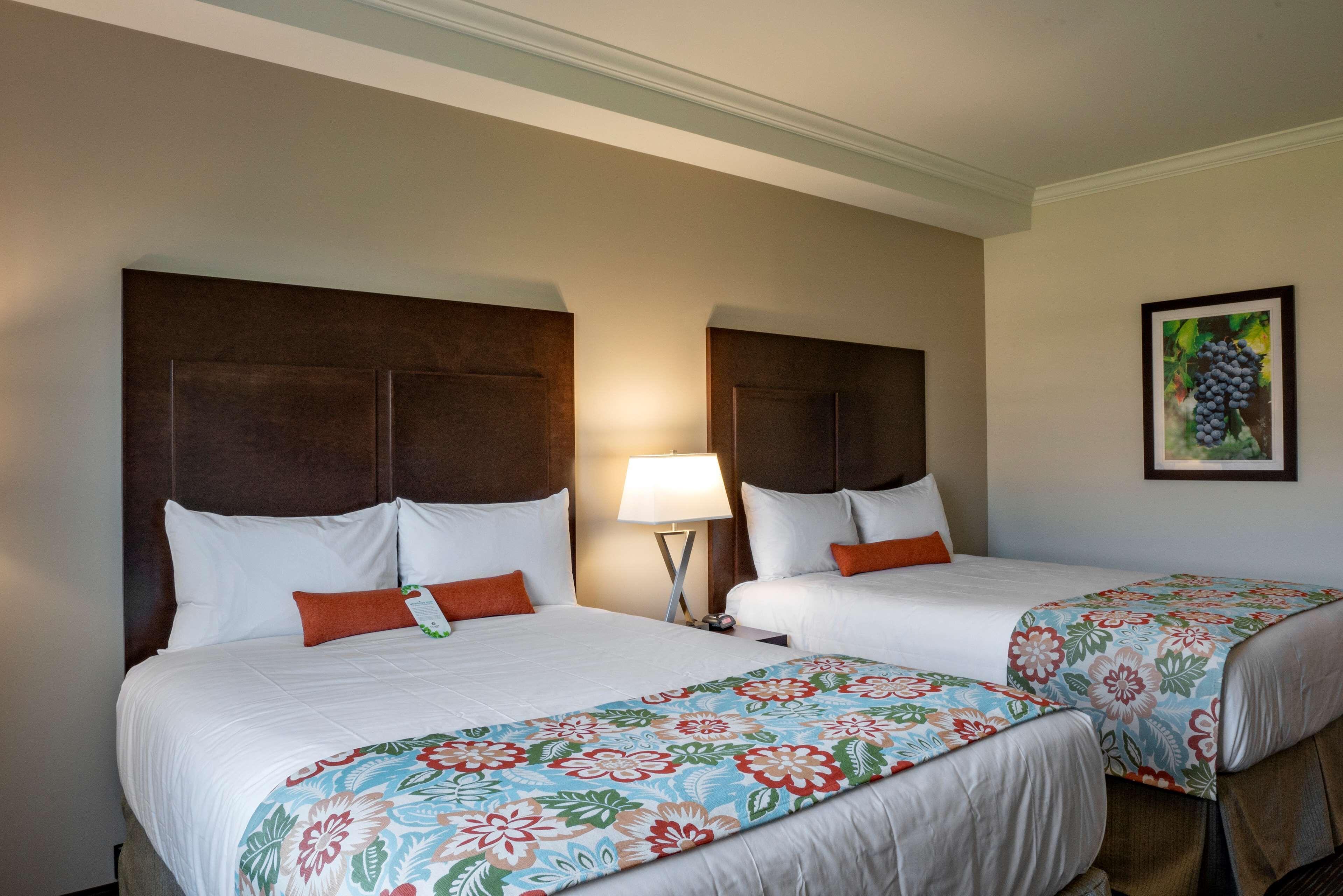 Habitación de hotel con dos camas, cada una con cabecero y ropa de cama blanca. Hay una mesita de noche con lámpara entre las camas.