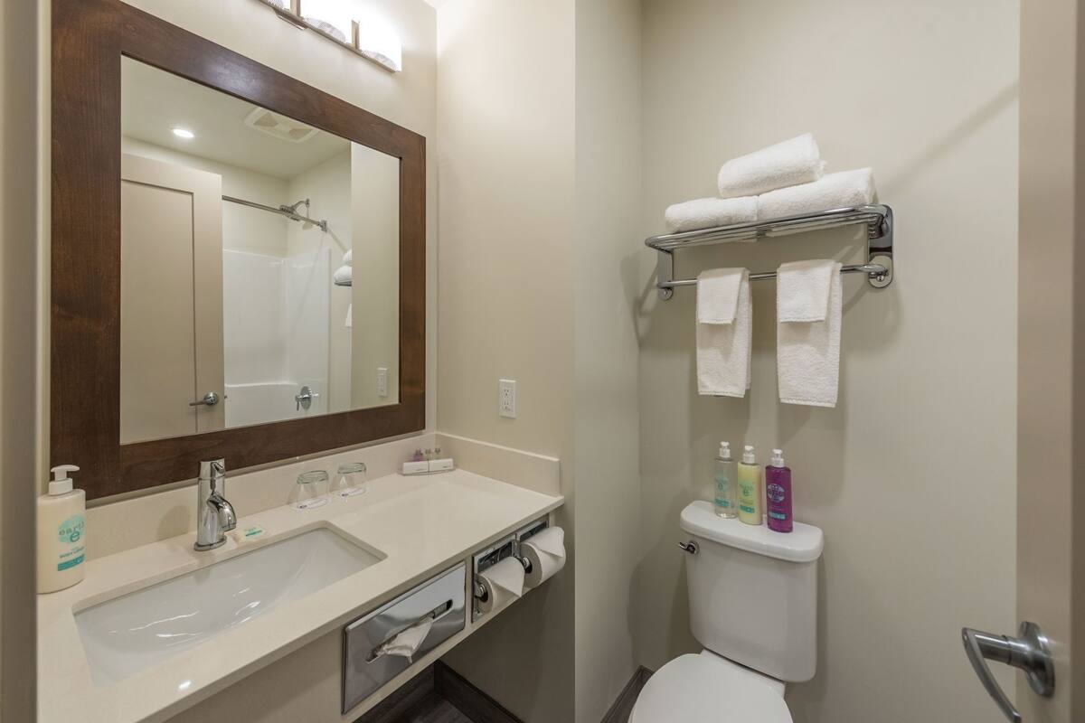 Un baño con lavamanos, espejo, inodoro y toallero.