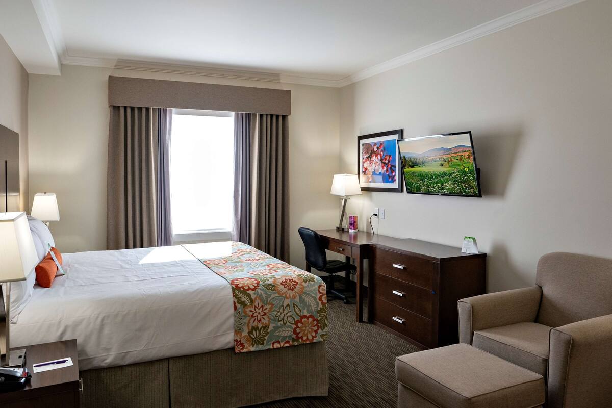 Habitación de hotel con cama, escritorio, silla, televisor y ventana con cortinas.