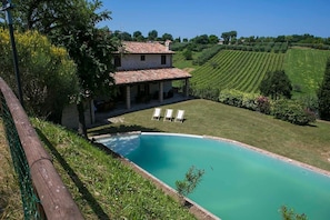 Seasonal outdoor pool, pool umbrellas, pool loungers