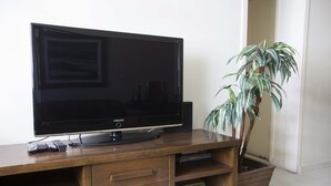 Un televisor de pantalla plana sobre un escritorio de madera, con una planta a su lado.