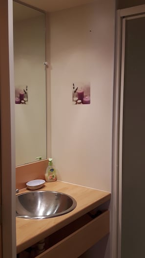 A bathroom with a sink, mirror, and a bottle of hand soap.