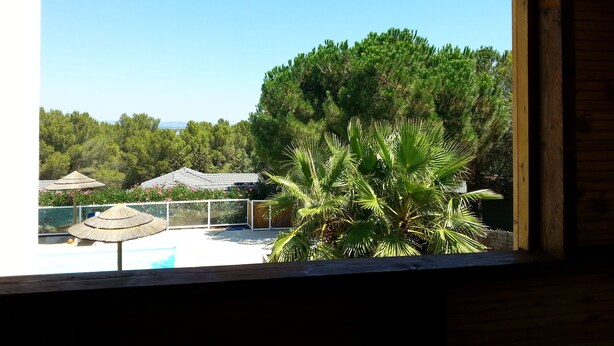 Vista desde una ventana de una cabaña de madera con piscina y sombrilla de paja, rodeada de exuberante vegetación y árboles.