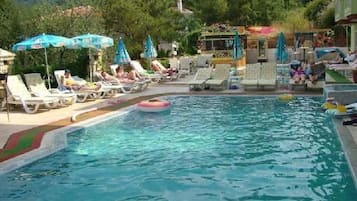 Outdoor pool, pool umbrellas, pool loungers