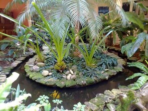 A tropical indoor garden with a central pond surrounded by rocks and various plants. - Pousada Villa Harmonia (Paraty)