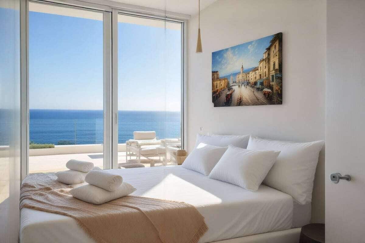 A bedroom with a large bed, white bedding, a painting of a street scene, and a view of the sea through floor-to-ceiling windows.