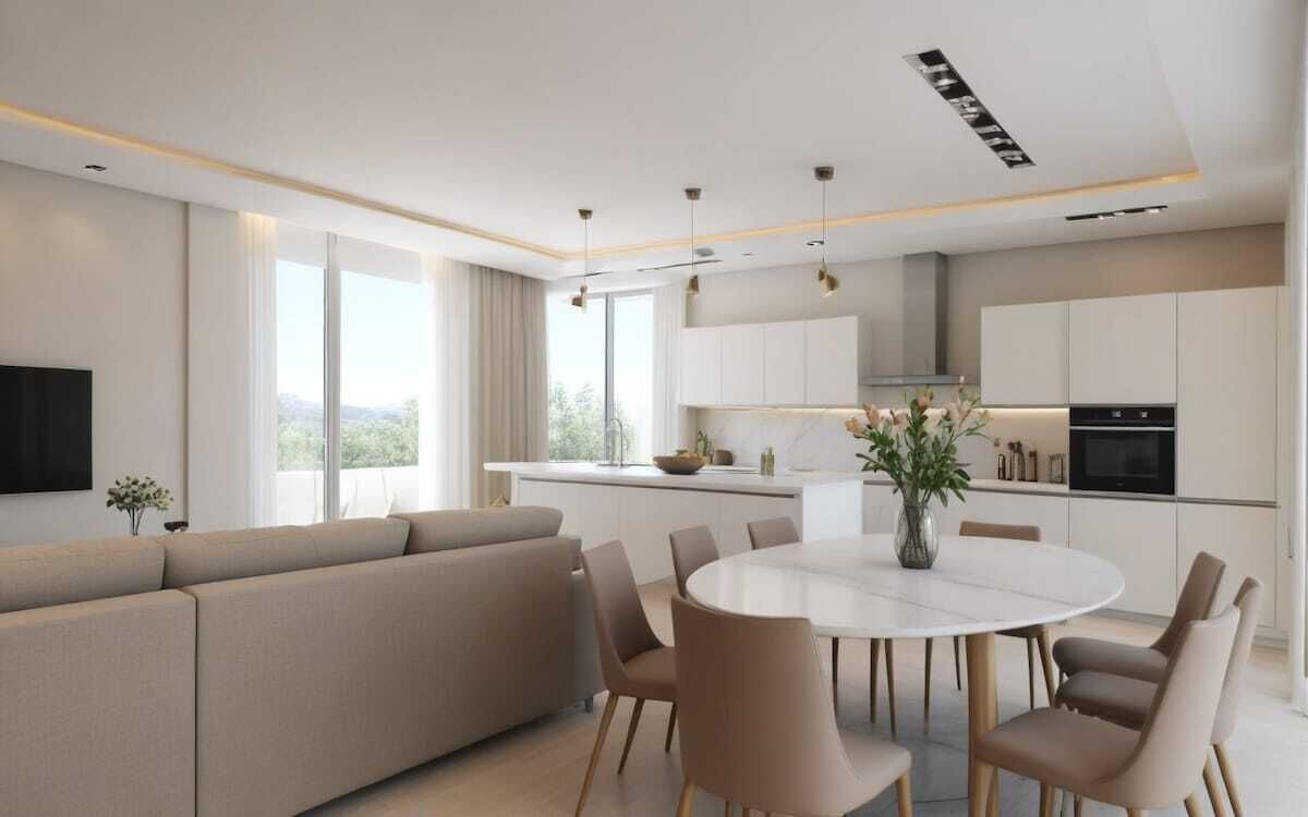 A modern living room with a sofa, a dining table with chairs, and a kitchen area with cabinets and appliances.