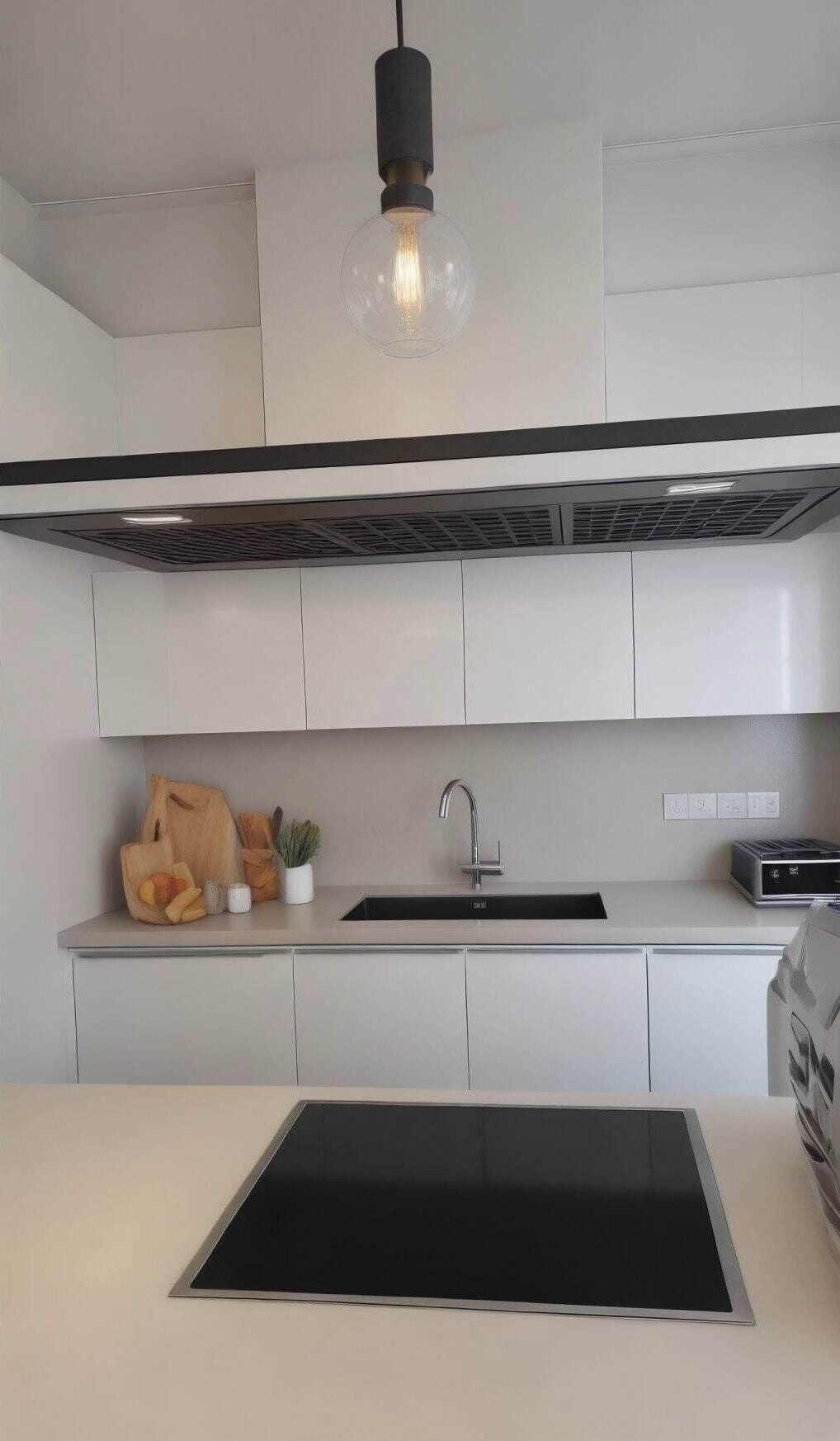 A modern kitchen with white cabinets, a black countertop, a built-in stove, a sink, and a pendant light.