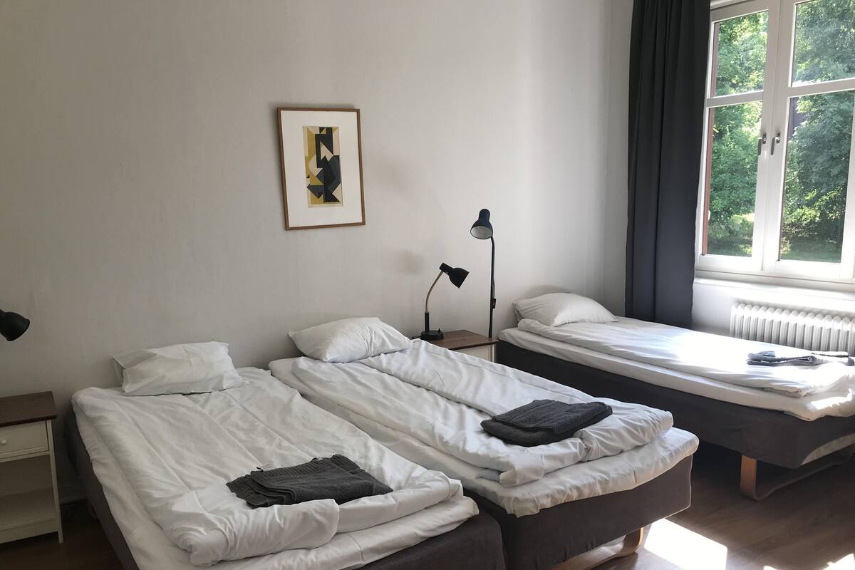 Habitación de hotel con dos camas individuales, un escritorio con lámpara, una ventana con vistas a zonas verdes y un cuadro en la pared.