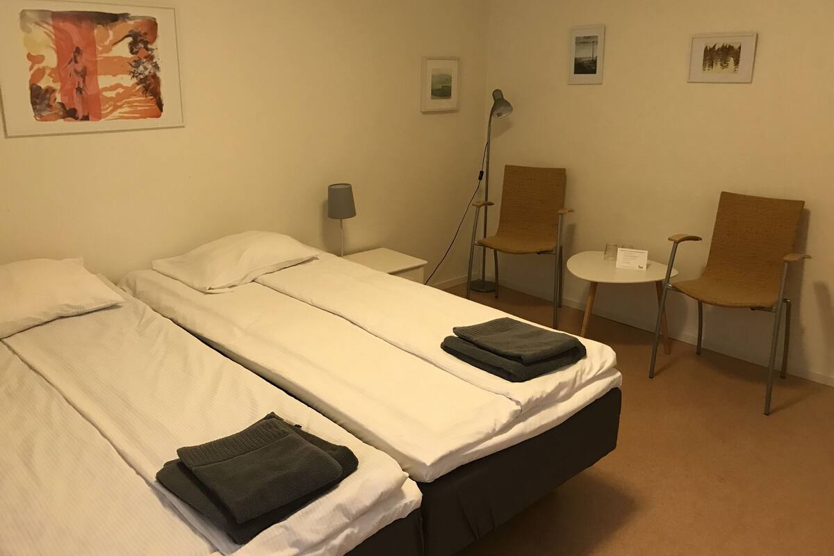 Una habitación de hotel con dos camas individuales, un escritorio, una silla y una lámpara de pie.