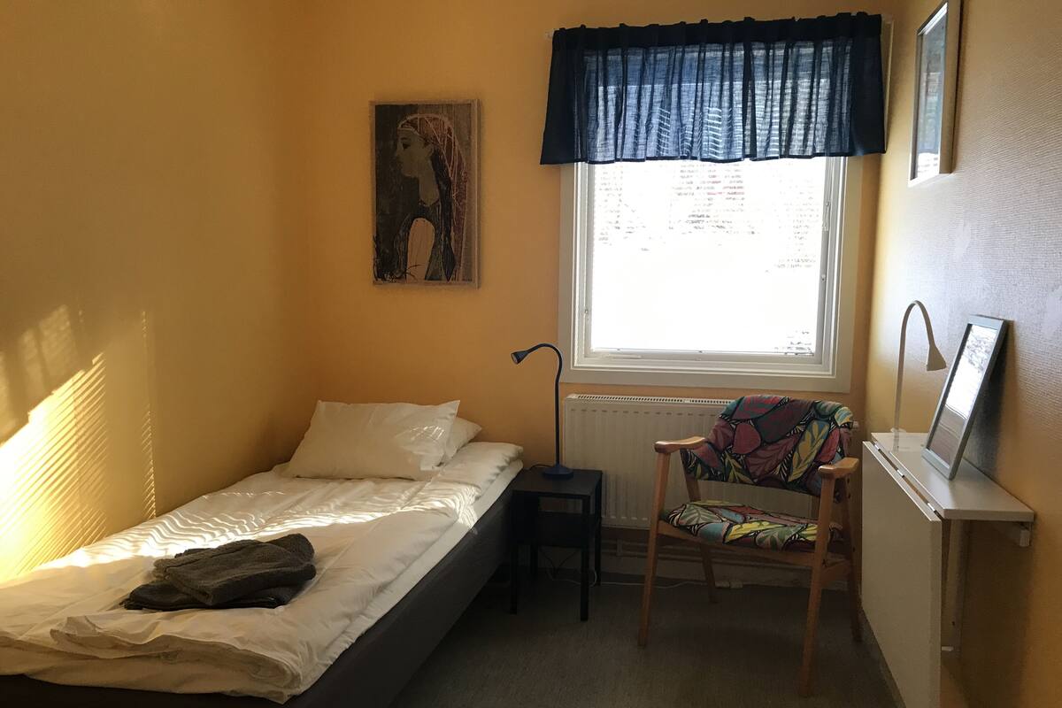 Una habitación pequeña y acogedora con una cama individual, una silla, un ventanal y un radiador.