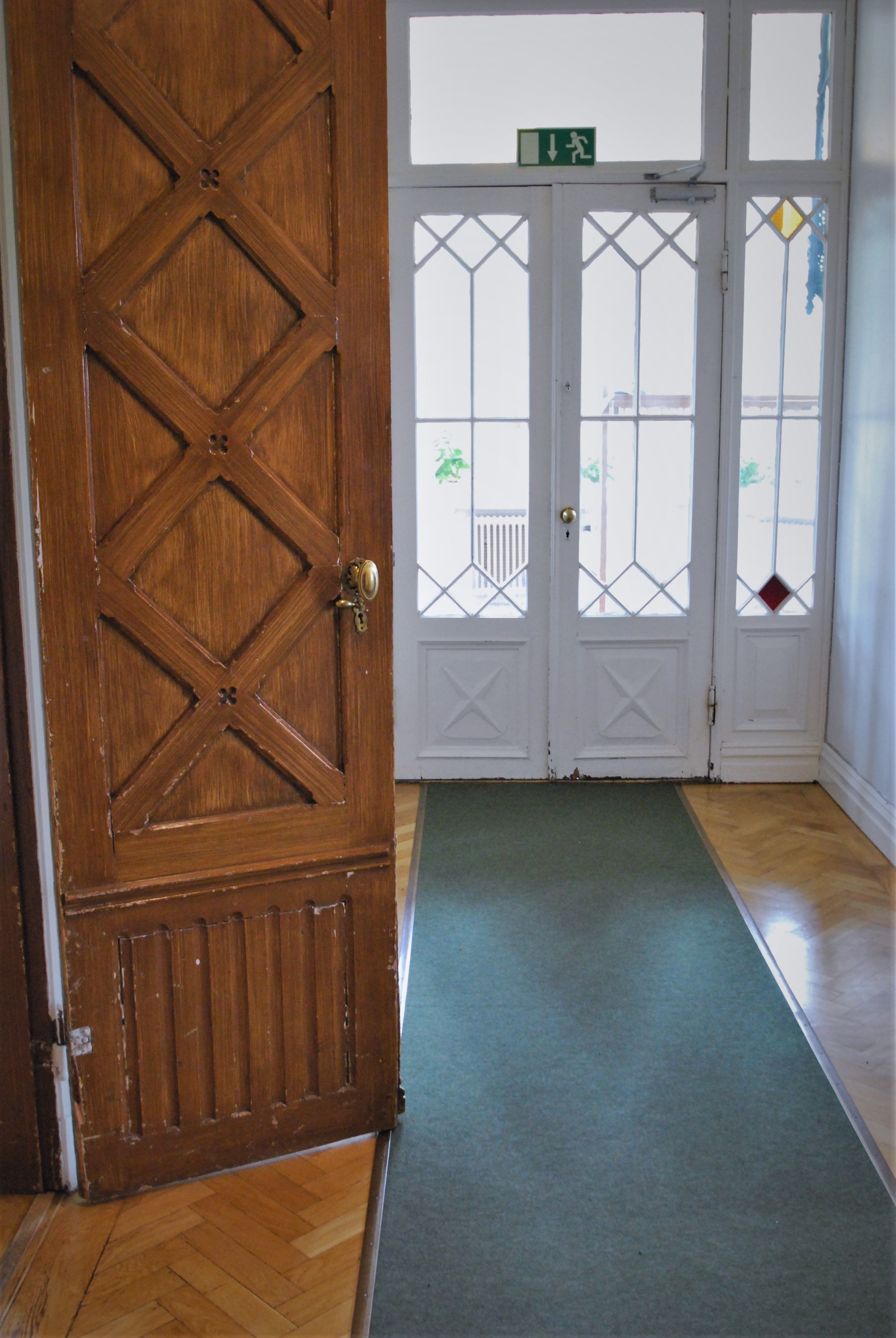 Uma porta de madeira com padrão de losangos, uma porta branca com painéis de vidro e um tapete verde que leva a um piso de madeira.