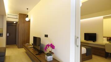 A modern hotel room with a wooden floor, a flat-screen TV, a small table with a vase of flowers, and a large mirror above the bed.