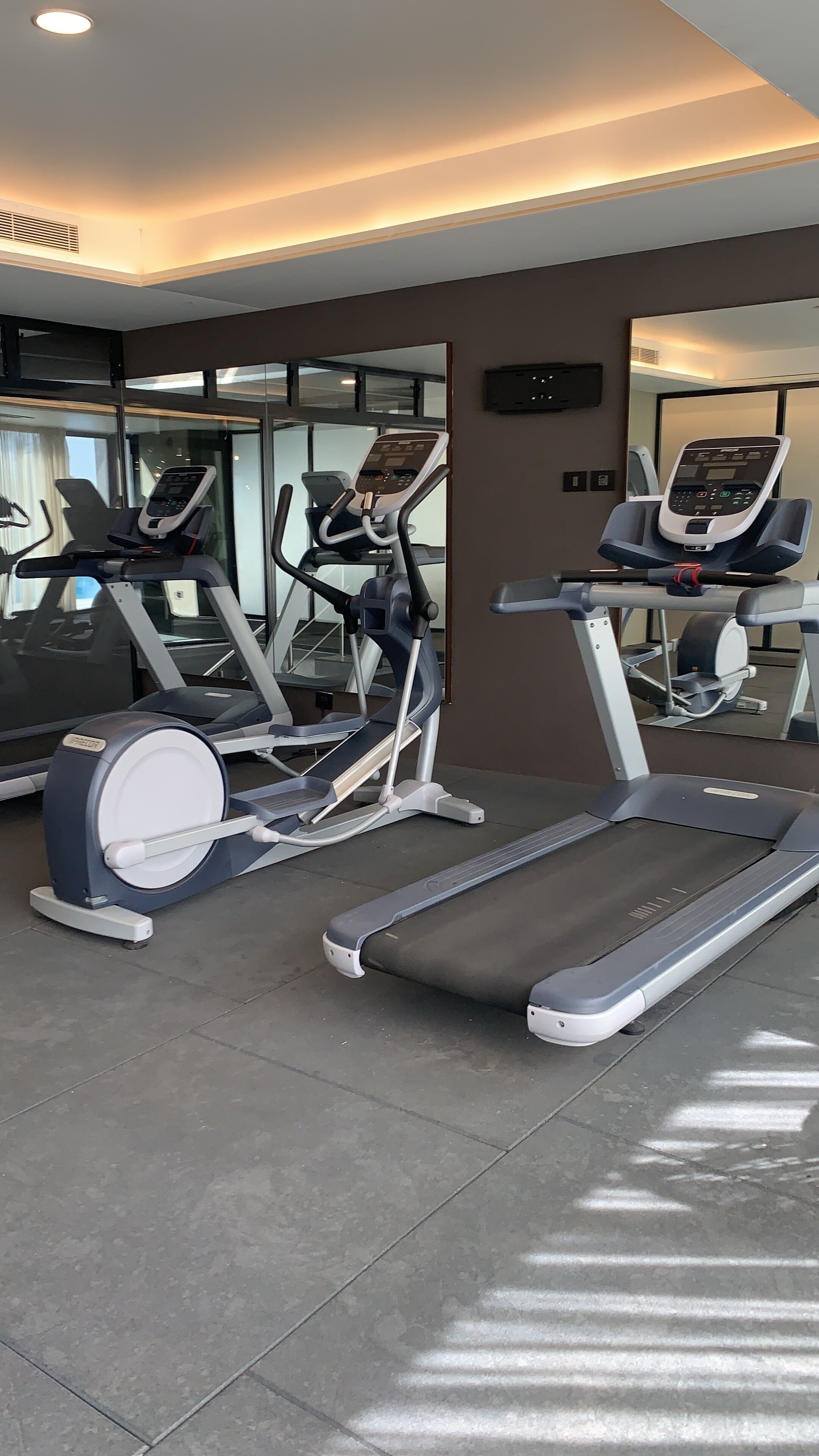 A gym with treadmills, elliptical machines, and a mirrored wall.